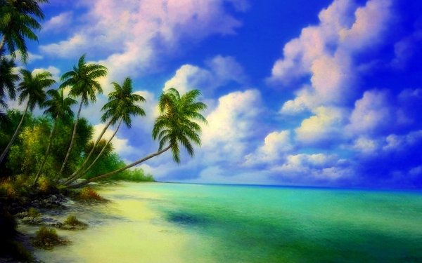 Artistic Beach Painting Earth Tropical Ocean Blue Turquoise Palm Tree Sky Cloud HD Wallpaper | Background Image