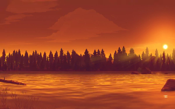 A serene landscape from the video game Firewatch, featuring a vibrant sunset reflected on a calm lake, surrounded by dense pine trees and a colorful sky. HD PC desktop wallpaper.