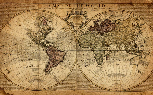 A vintage-style world map in rich colors, showcasing continents and geographical details, serves as an engaging HD desktop wallpaper and background.