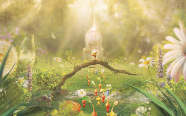 A vibrant HD wallpaper featuring Captain Olimar from the video game Pikmin, surrounded by colorful Pikmin and a lush, enchanting landscape filled with flowers and soft light.
