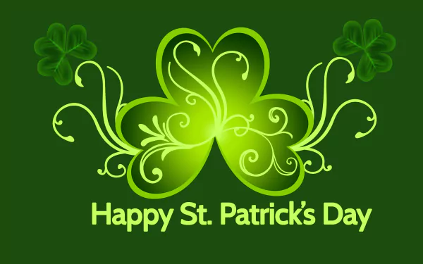 A vibrant green wallpaper featuring intricate designs of clovers and the text Happy St. Patrick's Day, celebrating the holiday with festive charm.