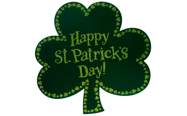 A vibrant green clover with Happy St. Patrick's Day! text, designed as a 4K Ultra HD PC desktop wallpaper and background celebrating the St. Patrick's Day holiday.