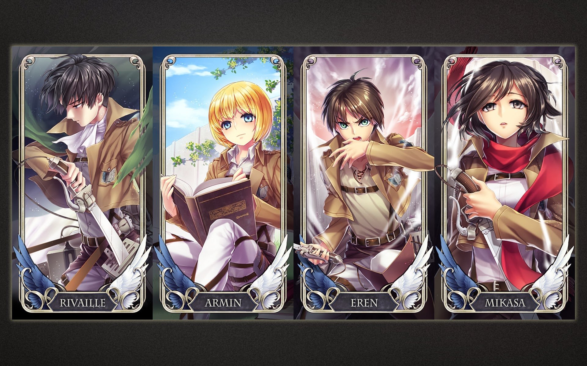 HD wallpaper featuring characters Levi Ackerman, Armin Arlert, Eren Yeager, and Mikasa Ackerman from the anime Attack on Titan. Vibrant artwork showcasing their distinct personalities.