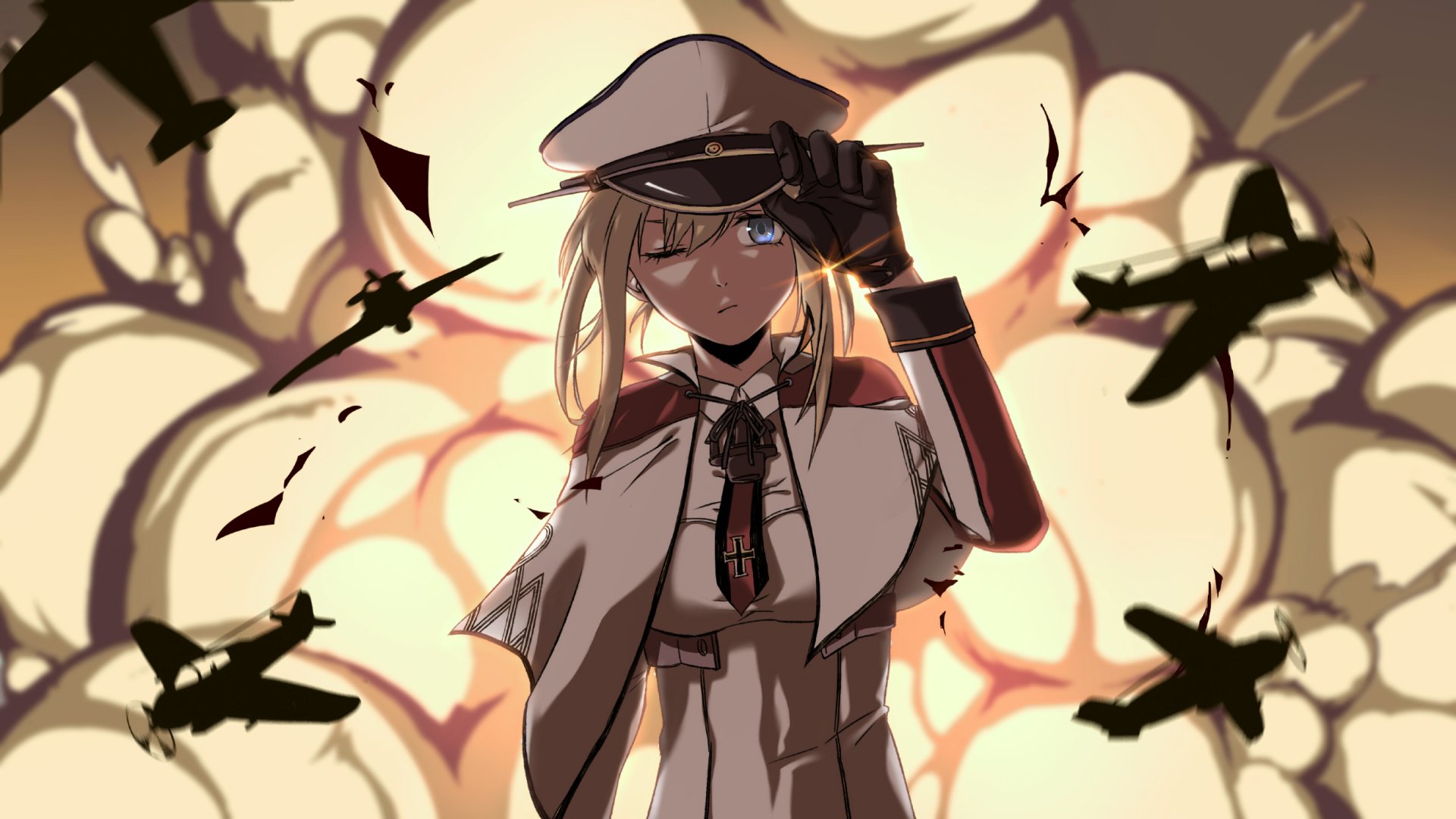 Anime-style HD wallpaper of Graf Zeppelin from Kantai Collection winking, with long blonde hair, blue eyes, in uniform and hat, set against an explosion backdrop with airplanes.