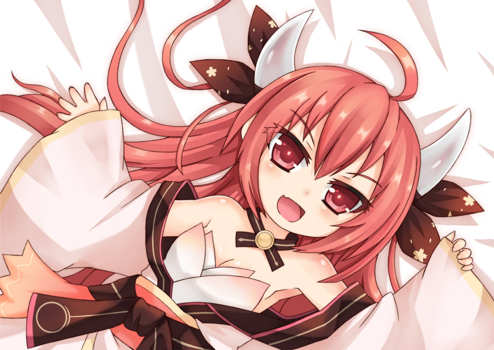 A vibrant HD wallpaper featuring a cheerful character from the anime Date A Live, with striking red hair and playful horns, set against a soft, light background.