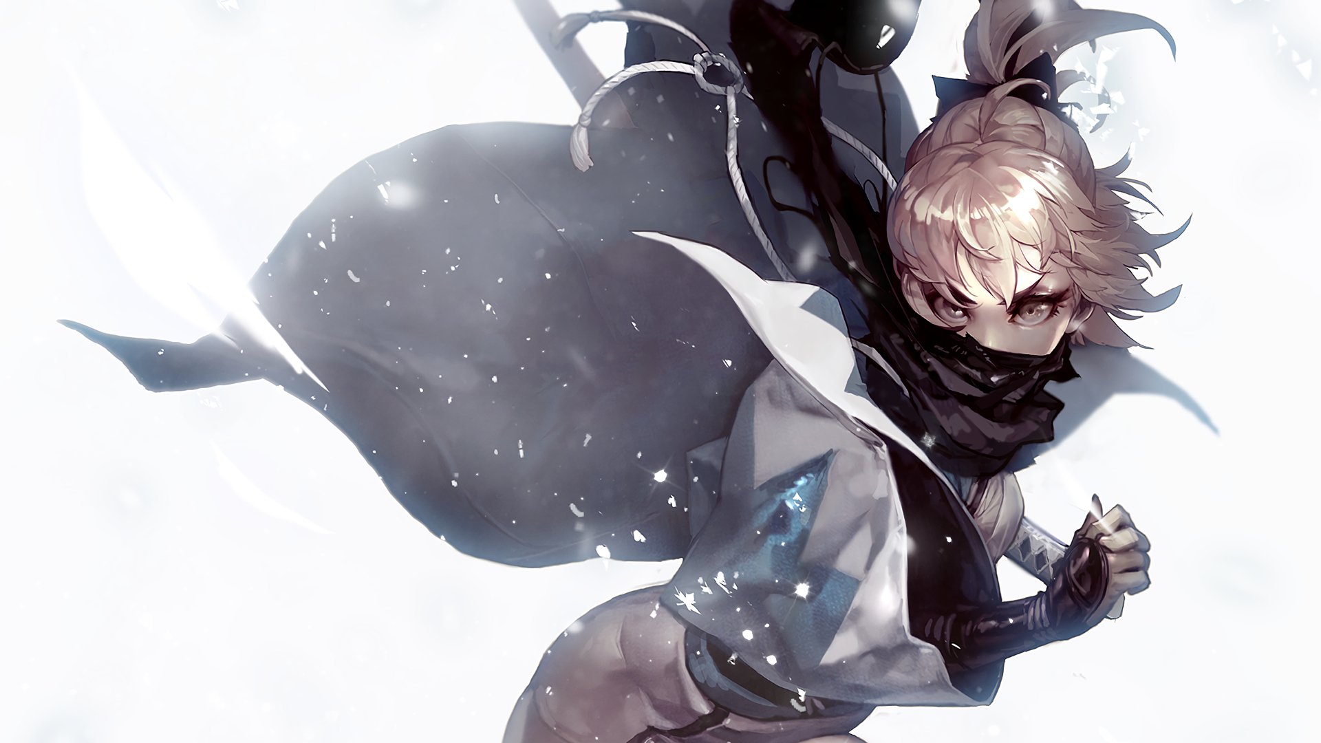 A dynamic illustration of Sakura Saber from the Fate Series, featuring her in a dramatic pose against a snowy background. This vibrant HD wallpaper captures her fierce energy and elegance.