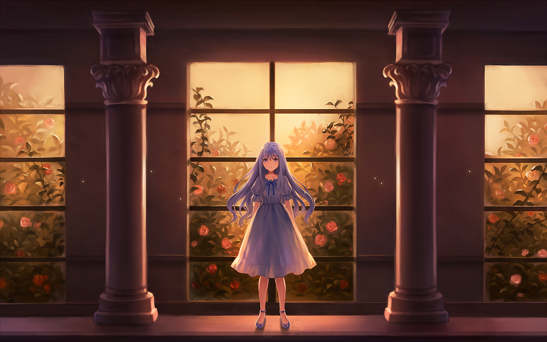A serene anime scene featuring a girl with long blue hair standing between columns, framed by romantic rose-filled windows, set in warm lighting. A captivating HD desktop wallpaper and background.