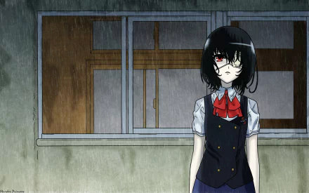 Mei Misaki from the anime Another stands in a rain-soaked background, evoking a haunting atmosphere in this HD desktop wallpaper.