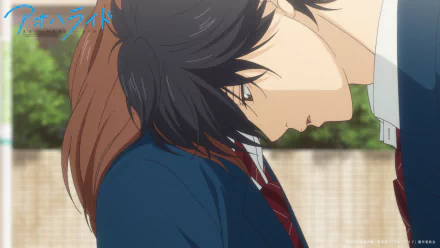 A romantic scene from Ao Haru Ride featuring Futaba Yoshioka and Kou Mabuchi, captured in a high-definition desktop wallpaper with a soft, emotional atmosphere.