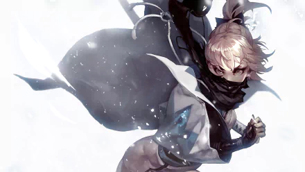 A dynamic illustration of Sakura Saber from the Fate Series, featuring her in a dramatic pose against a snowy background. This vibrant HD wallpaper captures her fierce energy and elegance.