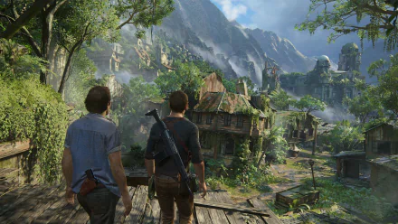 Two characters explore a lush jungle environment in Uncharted 4: A Thief's End, surrounded by detailed foliage and ancient ruins, creating a captivating HD PC desktop wallpaper.