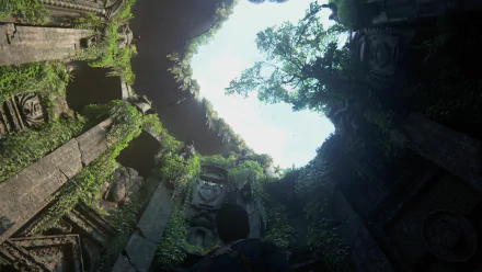A lush, overgrown ruin frames a clear sky above, capturing the adventurous spirit of Uncharted 4: A Thief's End in this stunning HD PC desktop wallpaper.