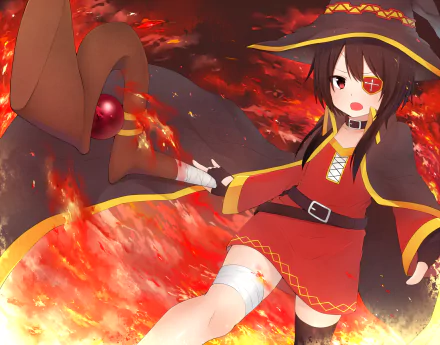 HD desktop wallpaper featuring Megumin from *KonoSuba - God’s Blessing on This Wonderful World!!*, showcasing her powerful presence amidst a fiery background.