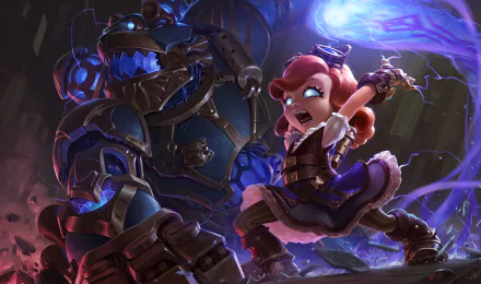 HD PC desktop wallpaper featuring Annie from the video game League of Legends, depicted in an intense battle scene with dark, magical and mechanical elements.