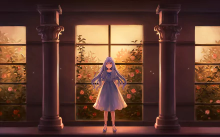 A serene anime scene featuring a girl with long blue hair standing between columns, framed by romantic rose-filled windows, set in warm lighting. A captivating HD desktop wallpaper and background.