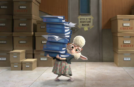 A scene from Zootopia featuring Bellwether, the sheep, struggling to carry a stack of books in the office of the assistant mayor, surrounded by boxes. 4K Ultra HD desktop wallpaper.