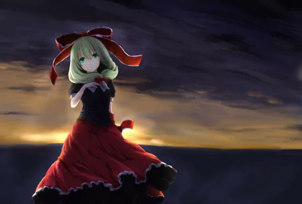 HD anime desktop wallpaper featuring Hina Kagiyama with blonde hair, green eyes, a red bow, and a flowing red dress against a dramatic sunset sky.