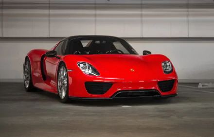 A striking red Porsche 918 Spyder showcased in a sleek garage setting, capturing the essence of luxury and performance as an HD desktop wallpaper.