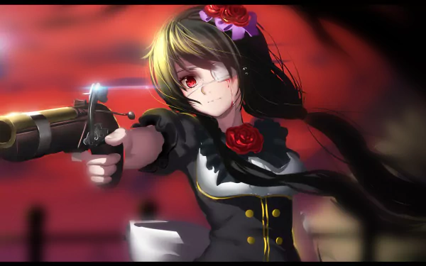 HD desktop wallpaper featuring Kurumi Tokisaki from the anime Date A Live, holding a pistol with an intense expression. The background displays a dramatic sunset sky.