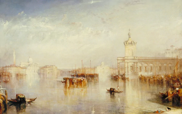 Artistic painting of gondolas gliding through the misty canals of Venice, Italy, captured in an HD desktop wallpaper background.