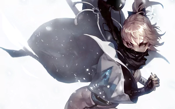 A dynamic illustration of Sakura Saber from the Fate Series, featuring her in a dramatic pose against a snowy background. This vibrant HD wallpaper captures her fierce energy and elegance.