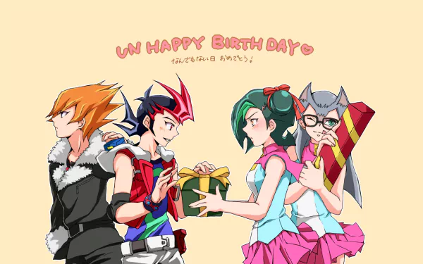 HD PC desktop wallpaper of Yu-Gi-Oh! Zexal: four anime characters—two boys and two girls—exchange a wrapped birthday gift beneath playful Happy Birthday text.