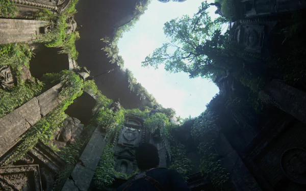 A lush, overgrown ruin frames a clear sky above, capturing the adventurous spirit of Uncharted 4: A Thief's End in this stunning HD PC desktop wallpaper.