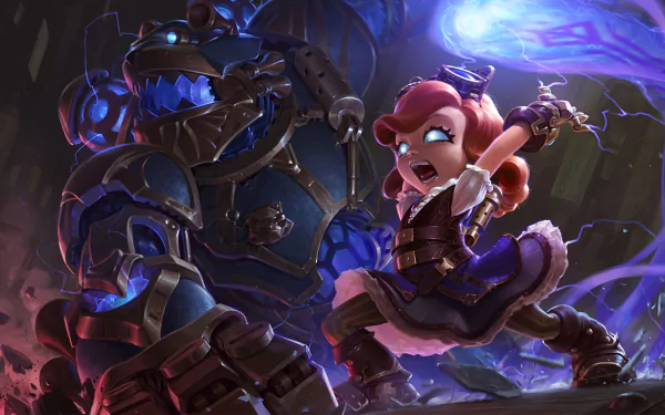 Annie from League of Legends stands defiantly with her bear in a dynamic scene, showcasing vibrant colors and action, perfect for a high-definition PC desktop wallpaper.