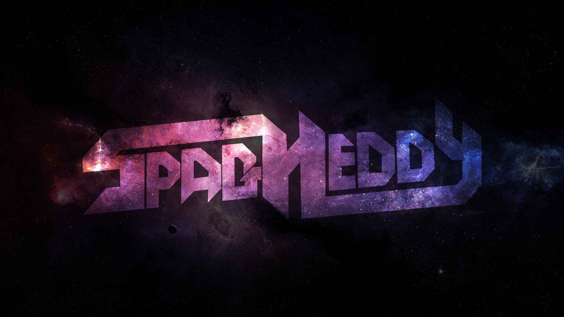 HD PC desktop wallpaper featuring the word Spaghaddy in a bold, cosmic-inspired design with dubstep music vibes and a dark galaxy background.