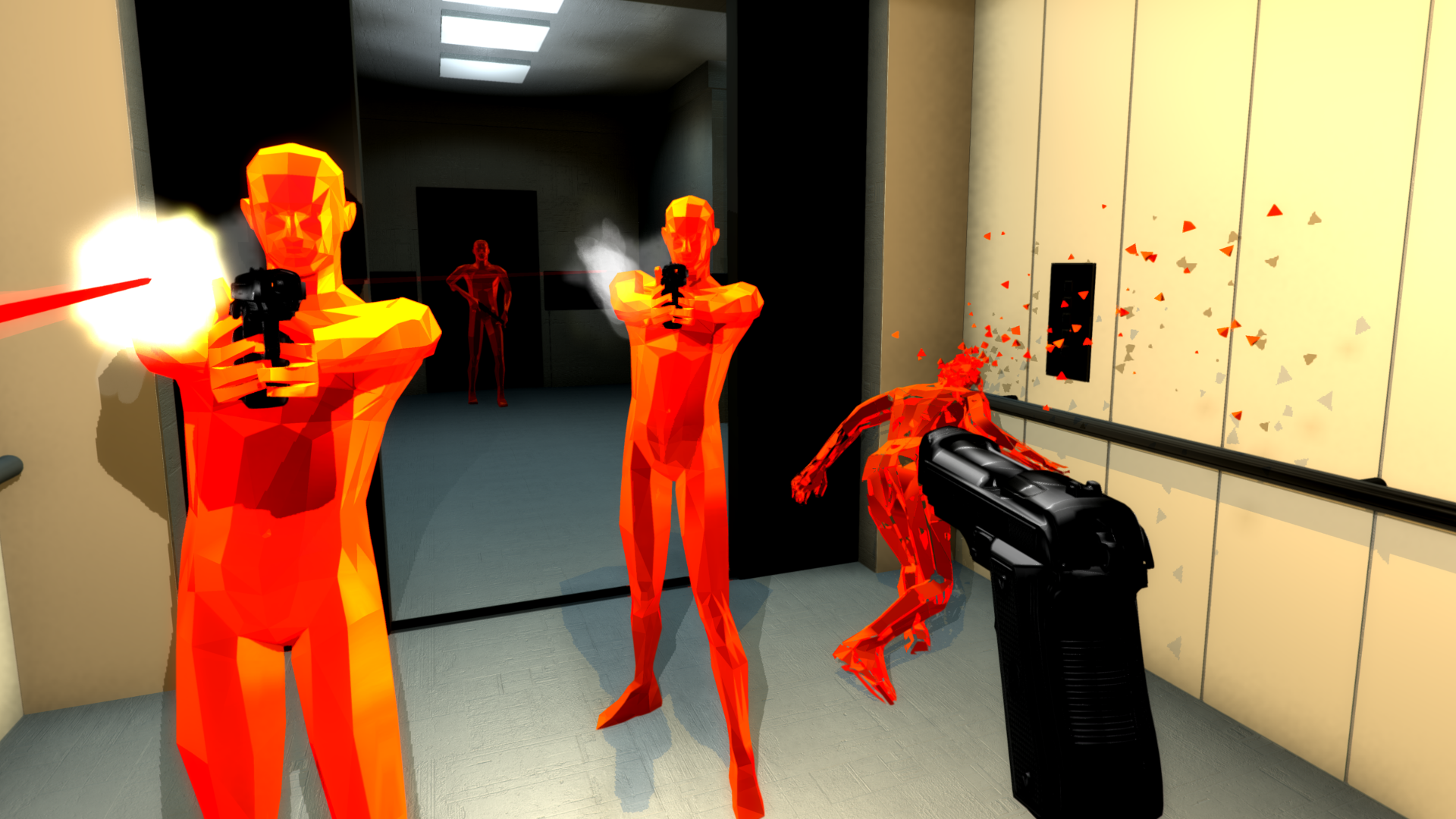 HD desktop wallpaper from the game SUPERHOT featuring red and orange figures in a shootout in a corridor.