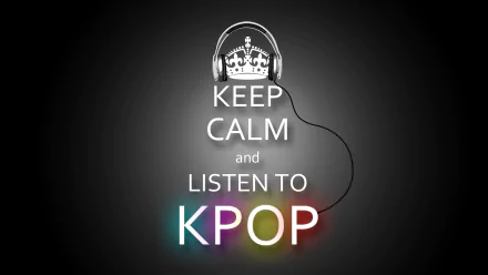 HD wallpaper with KEEP CALM and LISTEN TO KPOP slogan, headphones, and a crown, designed for K-pop fans' desktop backgrounds.
