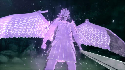 An HD desktop wallpaper featuring Susanoo from Naruto, engaged in a dynamic pose with Sasuke Uchiha. This striking image is from the video game Naruto Shippuden: Ultimate Ninja Storm 4.