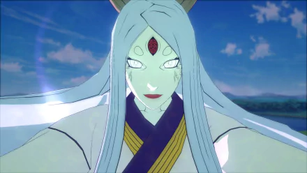 HD desktop wallpaper featuring Kaguya Ōtsutsuki from Naruto Shippuden: Ultimate Ninja Storm 4, showcasing her in an intense and mystical pose against a clear sky background.