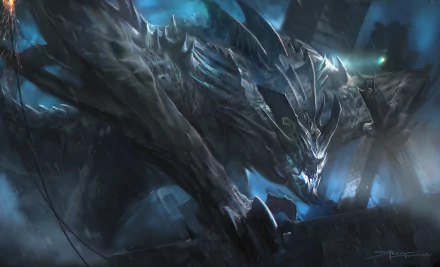 HD PC desktop wallpaper: a Pacific Rim movie-style kaiju monster with glowing eyes and jagged armored plates emerging from a stormy blue night background.