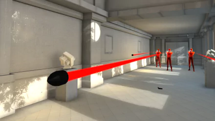 HD desktop wallpaper from the game SUPERHOT featuring red figures and a flying bullet in a minimalist corridor environment.