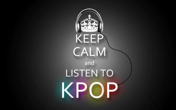 HD wallpaper with KEEP CALM and LISTEN TO KPOP slogan, headphones, and a crown, designed for K-pop fans' desktop backgrounds.