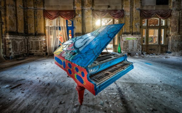 Music Piano Room Colors Ruin Graffiti HD Wallpaper | Background Image