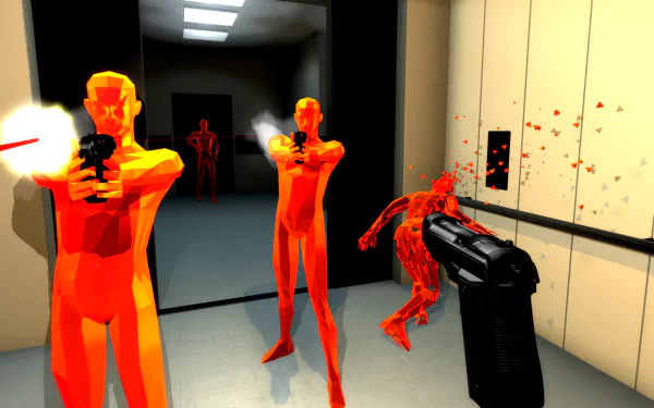 HD desktop wallpaper from the game SUPERHOT featuring red and orange figures in a shootout in a corridor.