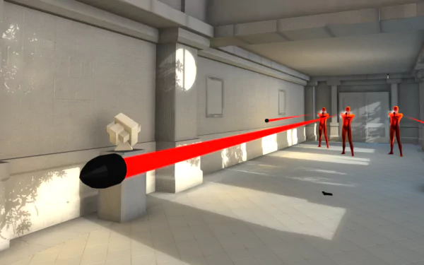 HD desktop wallpaper from the game SUPERHOT featuring red figures and a flying bullet in a minimalist corridor environment.