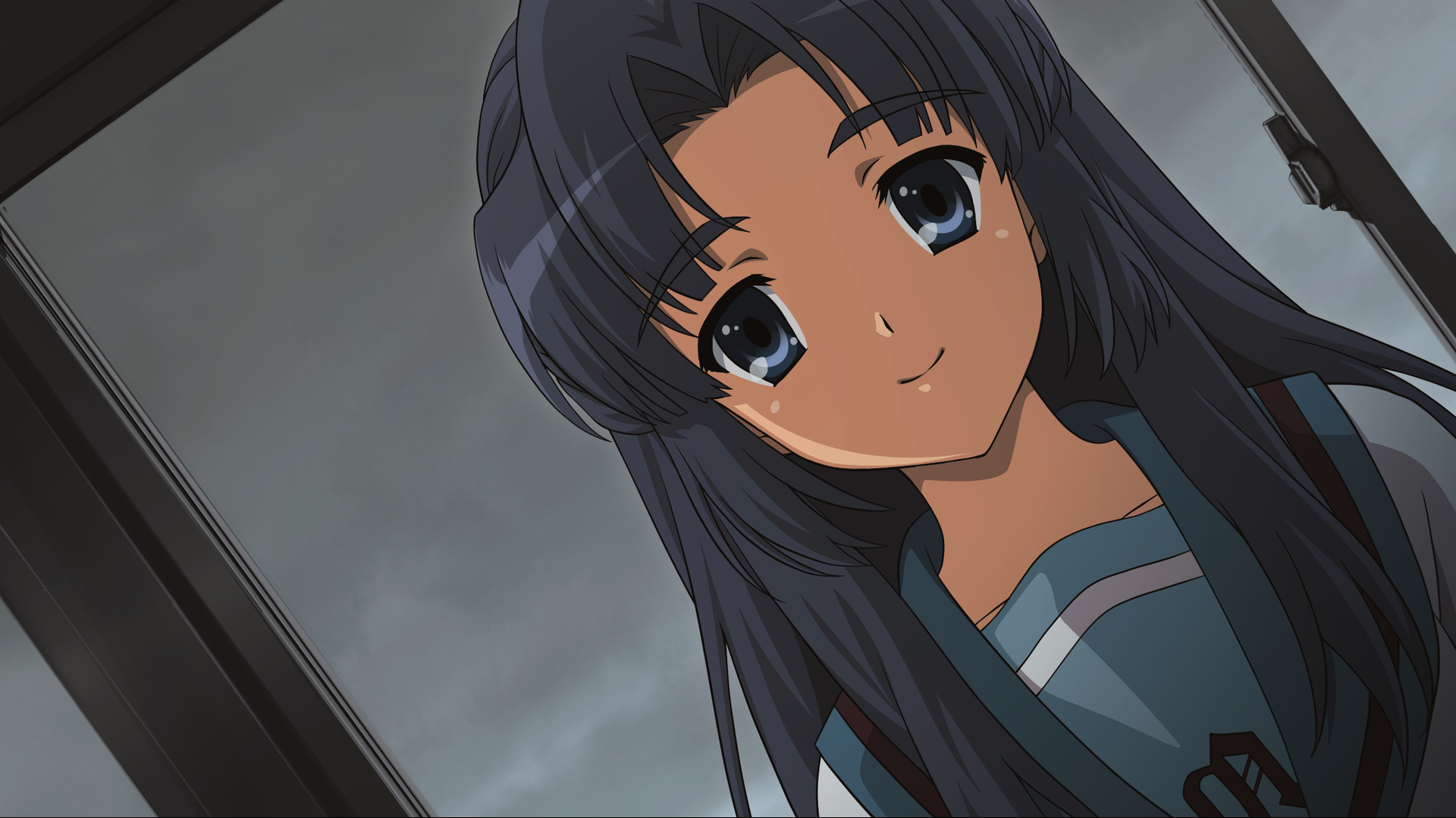 HD PC desktop wallpaper: Ryōko Asakura from The Melancholy of Haruhi Suzumiya — close-up anime portrait with long dark hair, blue eyes and a gentle smile against a dim windowed background.