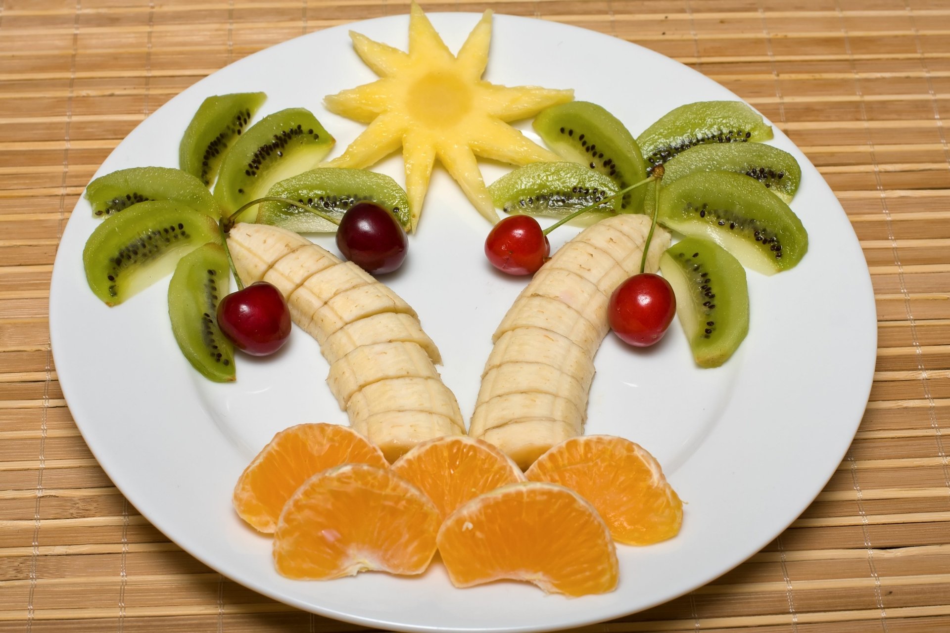 Download Plate Kiwi Cherry Mandarin Banana Food Fruit HD Wallpaper