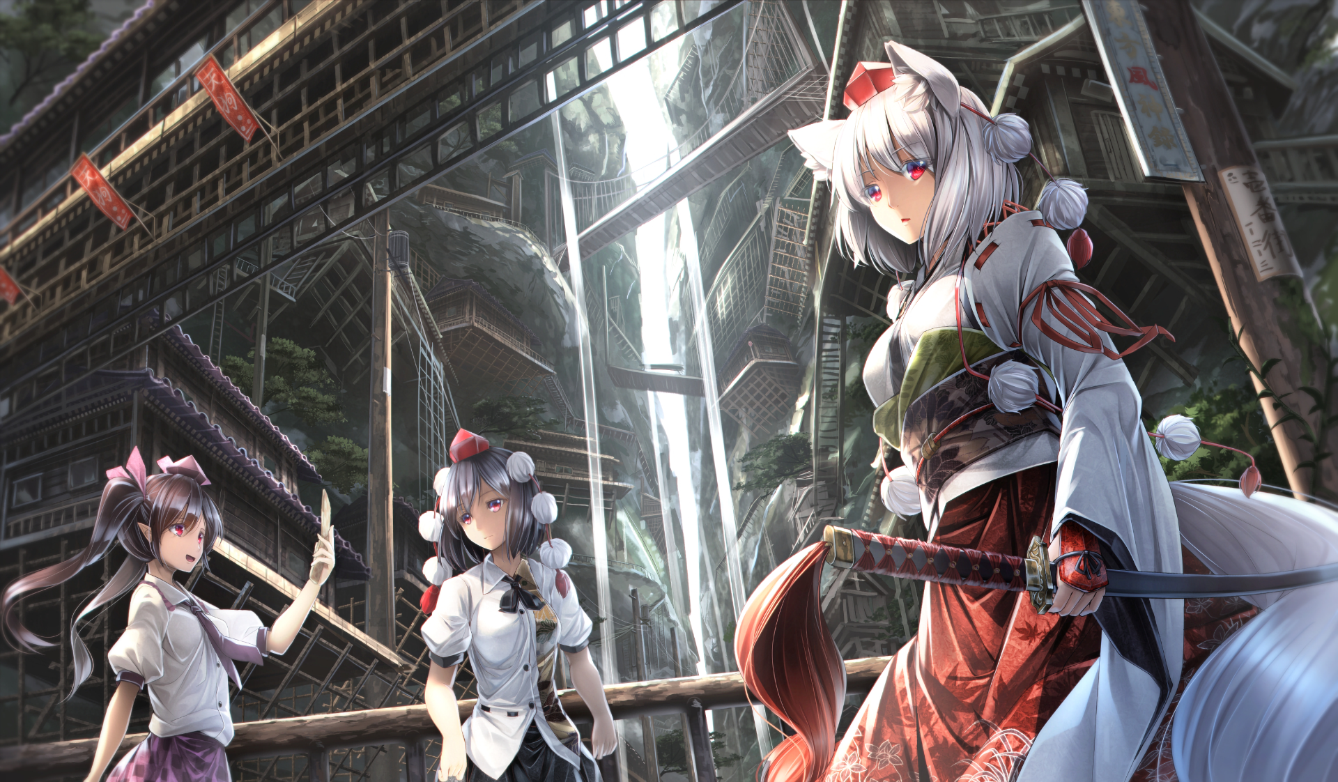 A stunning HD wallpaper featuring Aya Shameimaru, Momiji Inubashiri, and Hatate Himekaidou from the Touhou anime, set against a vibrant background with an enchanting waterfall.