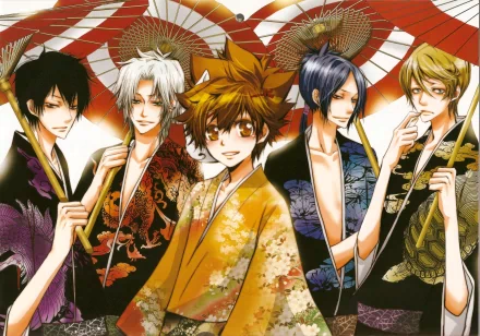 Group of characters from Katekyō Hitman Reborn! dressed in traditional Japanese attire, holding umbrellas, showcasing vibrant colors in a striking HD desktop wallpaper.
