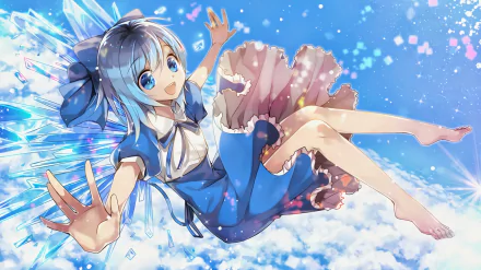 HD wallpaper featuring Cirno from Touhou, an anime character, joyfully floating against a vibrant blue sky with sparkling elements and fluffy clouds.