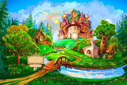 A vibrant HD desktop wallpaper featuring a whimsical landscape with a colorful house, lush greenery, and a serene river, capturing the festive spirit of St. Patrick's Day.