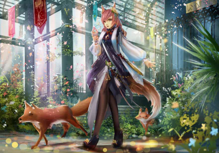 Anime-style original character with purple hair, fox ears, and a fox tail standing in a sunlit, flower-filled indoor garden with two foxes nearby.