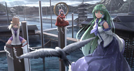 Anime HD desktop wallpaper featuring Kanako Yasaka, Suwako Moriya, and Sanae Kochiya from Touhou series against a serene waterfront with traditional architecture.
