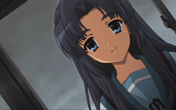 HD PC desktop wallpaper: Ryōko Asakura from The Melancholy of Haruhi Suzumiya — close-up anime portrait with long dark hair, blue eyes and a gentle smile against a dim windowed background.