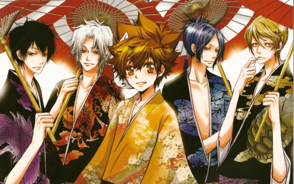 Group of characters from Katekyō Hitman Reborn! dressed in traditional Japanese attire, holding umbrellas, showcasing vibrant colors in a striking HD desktop wallpaper.