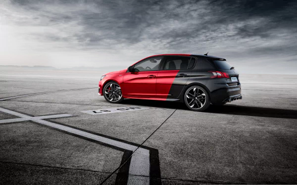 Red Peugeot 308 GTI compact car on an empty concrete apron beneath a dramatic cloudy sky — high-resolution 4K Ultra HD desktop wallpaper showcasing the Peugeot 308's sporty profile.